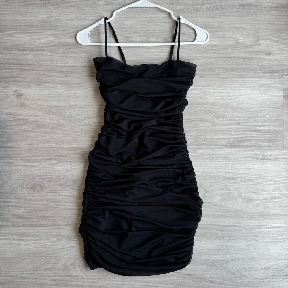Aritzia Black Ruched Mini Dress